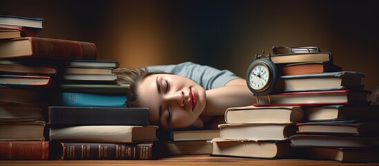 Student studying woman after college research resting and sleeping copy space image