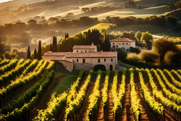 Gordijnen A photograph capturing the serene beauty of a Tuscan hillside, bathed in warm sunlight and adorned with vibrant vineyards and rustic farmhouses. © COLLECTION OF AI