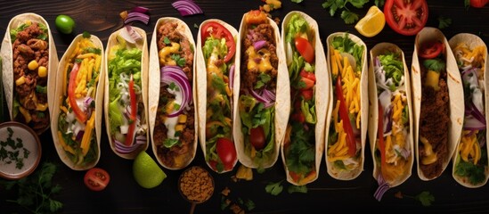 Mexican cuisine with a variety of dishes including tacos burritos nachos burgers and more Flat lay...