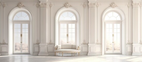 Luxurious light interior design in a mansion with stucco walls high windows and square columns copy space image