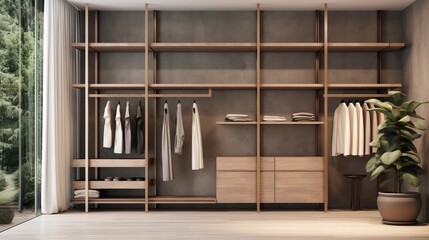Luxury walk-in closet with empty shelves for clothing or accessory mockup  AI generated illustration
