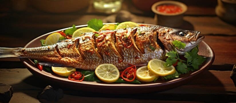 Tasty Asian fish fry on wooden table copy space image