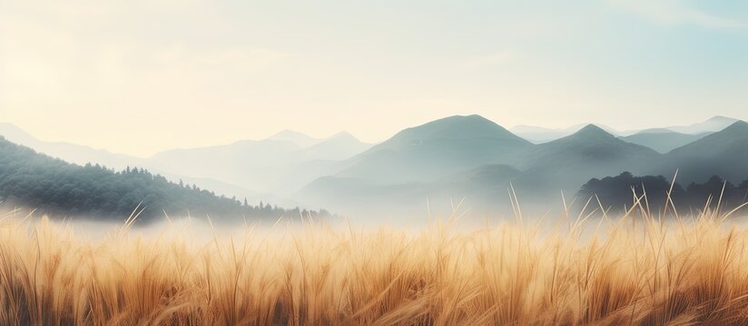 Picturesque autumn mountains with mist and yellow grass copy space image