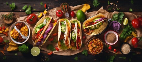 Mexican cuisine with a variety of dishes including tacos burritos nachos burgers and more Flat lay closeup copy space image - obrazy, fototapety, plakaty