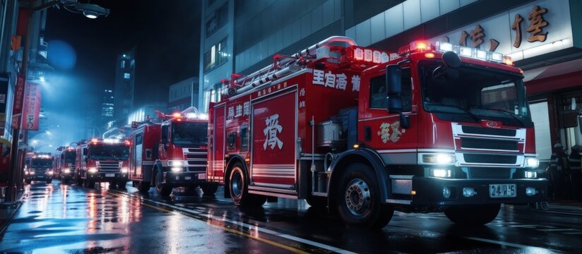 Multiple Japanese fire department vehicles copy space image