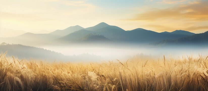 Picturesque autumn mountains with mist and yellow grass copy space image