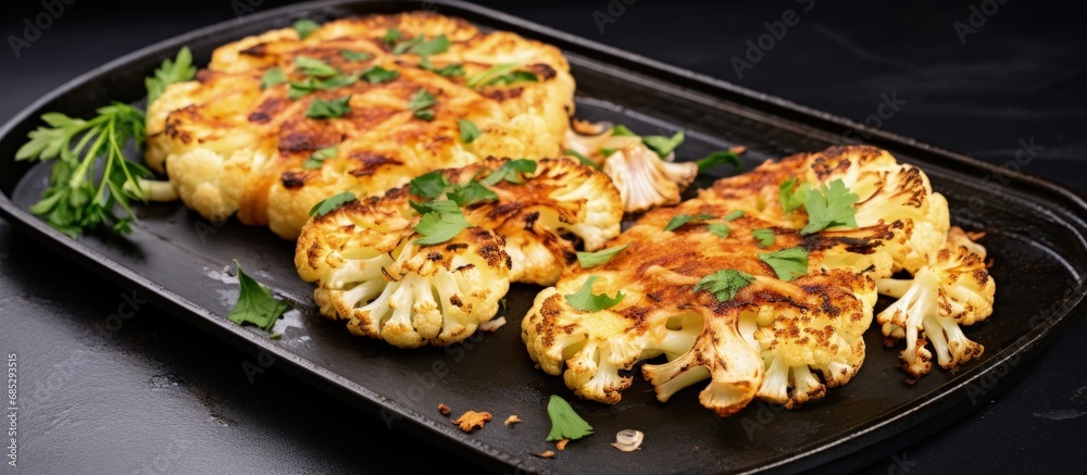 Poster plant based meat substitute cooked with herbs and spices on a baking tray copy space image