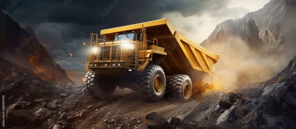 Poster ore hauling truck moving rocks to crusher in quarry copy space image