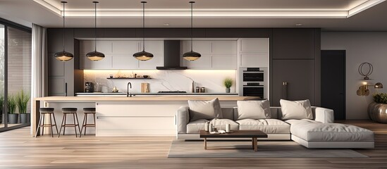 Luxurious kitchen and contemporary living room in a photo copy space image - obrazy, fototapety, plakaty