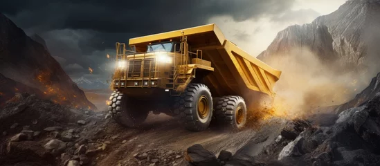 Foto op Canvas Ore hauling truck moving rocks to crusher in quarry copy space image © vxnaghiyev
