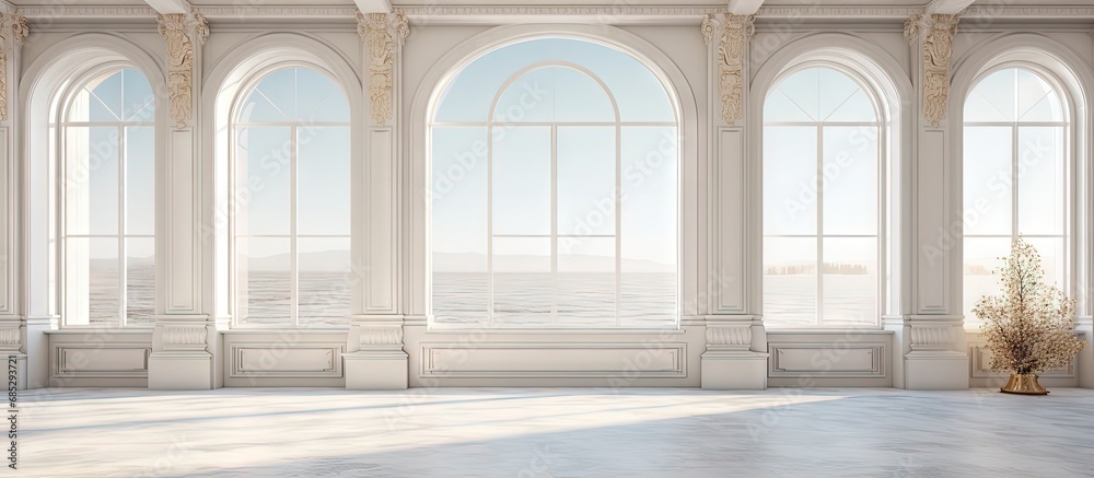 Poster Luxurious light interior design in a mansion with stucco walls high windows and square columns copy space image