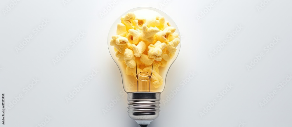 Poster Popcorn seeds and a cap create a light bulb symbol representing creative idea generation isolated on a white background copy space image