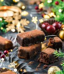Christmas chocolate truffle candies with cherry on wooden holiday background with fir branches, glitter, light, bokeh. Merry Christmas and New Year holiday. Xmas sweets, close up