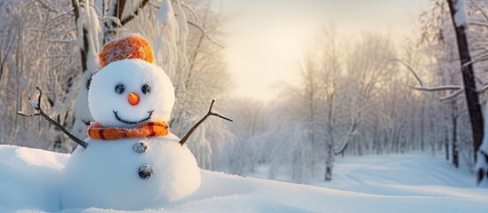 Fototapeta premium Snowy forest snowman with button eyes and carrot nose copy space image