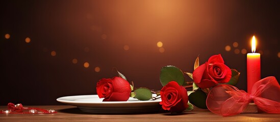 Romantic candlelit Valentine s dinner with a rose centerpiece copy space image