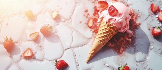 Fototapeta na wymiar Melting strawberry ice cream and waffle cone on the ground under summer light copy space image