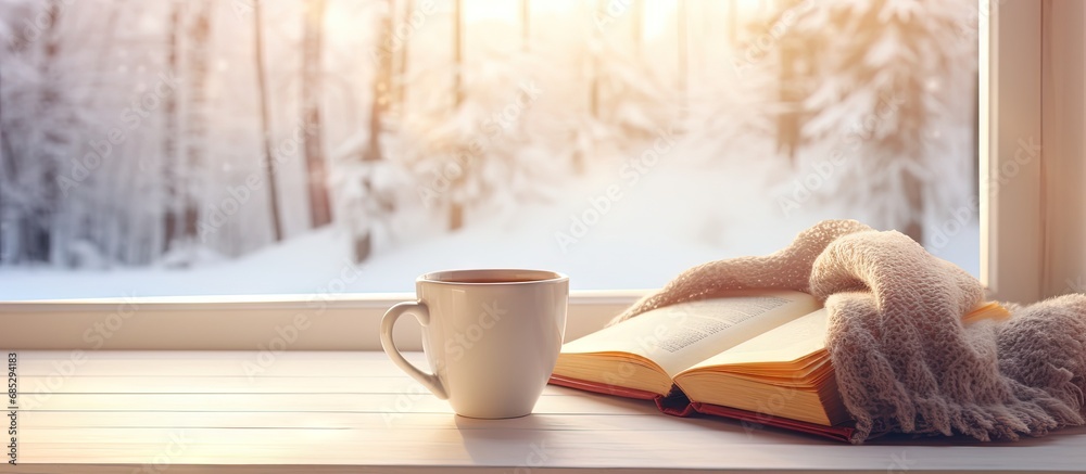 Poster snowy landscape seen from inside through a vintage windowsill with a hot mug of tea and an open book
