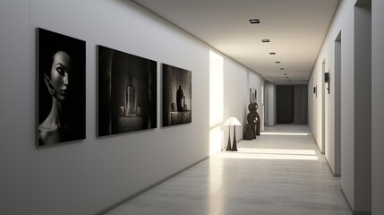 Minimalistic hallway with monochromatic wall art  AI generated illustration