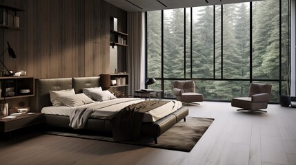 Minimalistic modern bedroom with a large window  AI generated illustration