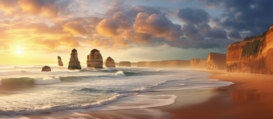 The Twelve Apostles located at the Great Ocean Road Victoria Australia have tall cliffs copy space...
