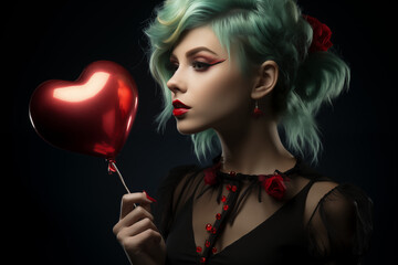 Naklejka premium Szykowna Indywidualistka: Kolorowe włosy, tatuaże i balon w kształcie serca, razem tworzą niepowtarzalny portret niezależności i kreatywności z odrobiną tęsknoty za czymś więcej.