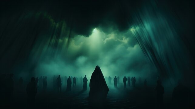 A mysterious figure stands before a crowd, shrouded in darkness, evoking intrigue and curiosity.