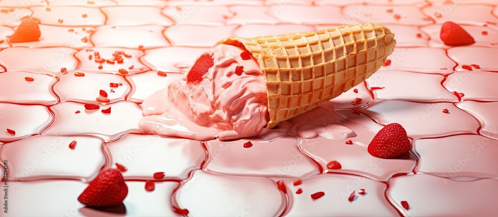 Poster melting strawberry ice cream and waffle cone on the ground under summer light copy space image