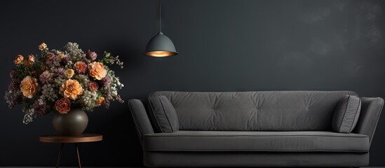Real photo of flowers on a black table and grey sofa in a living room with a lamp and wallpaper copy space image