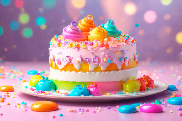 Birthday greeting card. Rainbow cake with cream cheese frosting with candles.