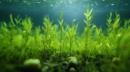 Fototapeta na wymiar Detailed Close-up of Canadian Waterweed Sprouts Germinating in Aquatic Plant Landscape