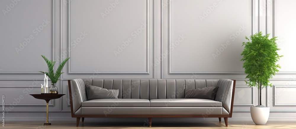 Poster spacious high end home with a gray midcentury loveseat copy space image