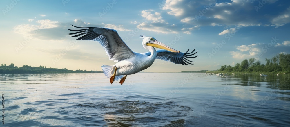 Poster pelican flying over reflective water representing climate change s effect on biodiversity conservati