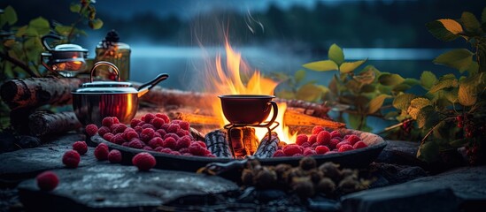 Prepare various drinks on an outdoor fire fruit tea mulled wine forest compote herbal tea with raspberry blackcurrant mint and lemon copy space image