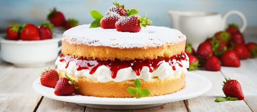 Strawberry filled homemade Victoria sponge cake with cream and icing sugar on a white table copy space image