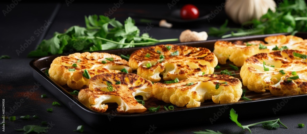 Poster plant based meat substitute cooked with herbs and spices on a baking tray copy space image