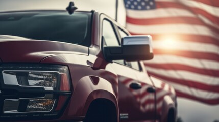 Close Up of Red Truck with American Flag Waving
