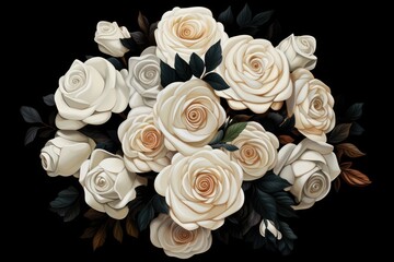 A bunch of white roses are arranged in a bouquet.