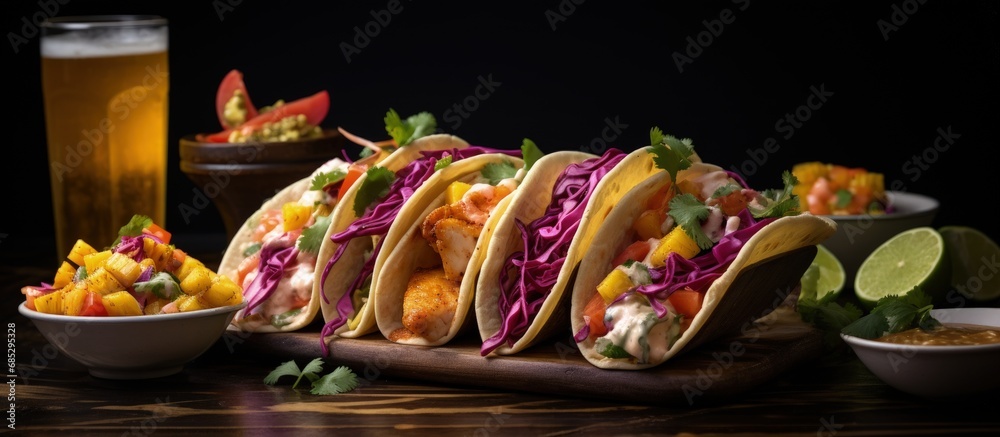 Poster tacos with fish mango salsa red cabbage salmon beer and hot honey copy space image