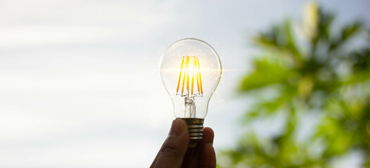 Hand holding a light bulb with light growing for renewable energy. creative ideas for save environment and sustainable. Eco energy concept. For web banner or web design.