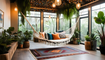 A Bohemian inspires living space boasting a macrame hammock, eclectic throw pillows ai generative