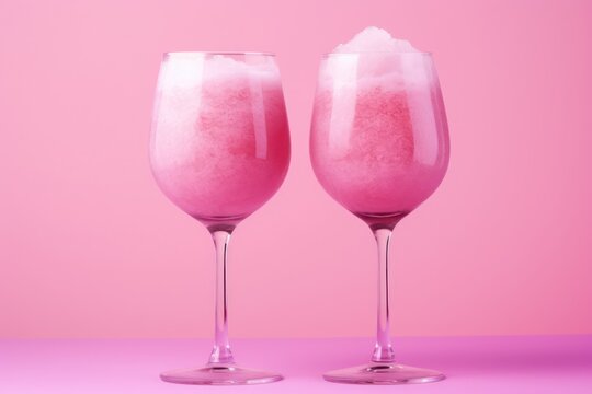 Cocktail wine Slushies frozen pink wine on a pink background.