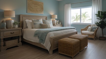 Bedroom decor, home interior design . Coastal Rustic style with View decorated with Rattan and Wood material . Generative AI AIG26.
