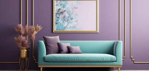 Elegant lavender room with an empty mockup frame, teal wall, golden details, and plush velvet decor