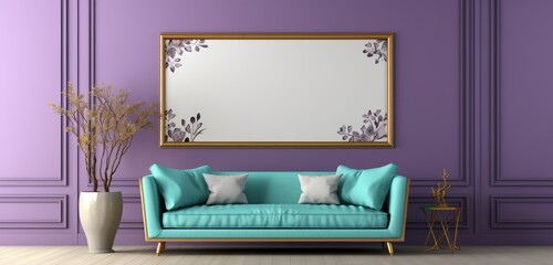 Elegant lavender room with an empty mockup frame, teal wall, golden details, and plush velvet decor