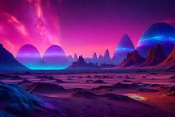 Visualize a surreal, otherworldly alien landscape with colorful rock formations and a vibrant, star-studded sky.