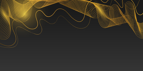 Vector abstract black background with gold, wave line pattern, light shiny, texture on dark black, black color background. Abstract black and gold lines luxury background