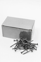 screws with packaging on a white background. photo of self-tapping screws for a catalog with a box on a light background. set of bolts for construction work