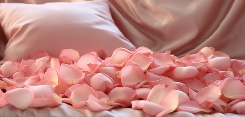 Fresh rose petals gracefully laid out on a lavish bedsheet, captured in a close-up shot.