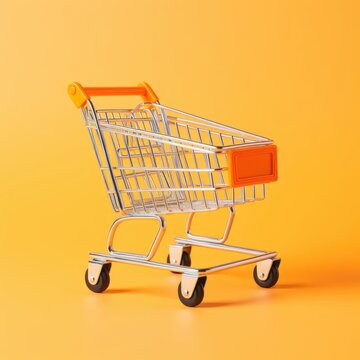 Shopping cart on orange background, AI generated Image