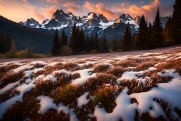 Generate a snow-covered, alpine meadow, with the first light of morning painting the peaks in a warm glow. - obrazy, fototapety, plakaty